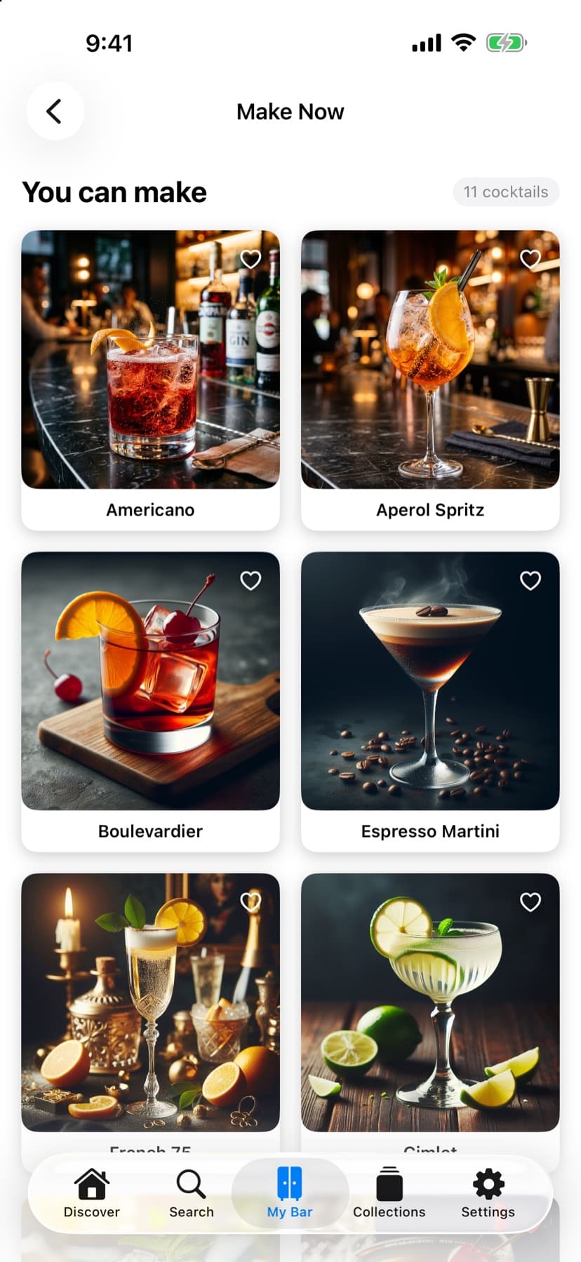 Make Now list of cocktails you can make with your bar