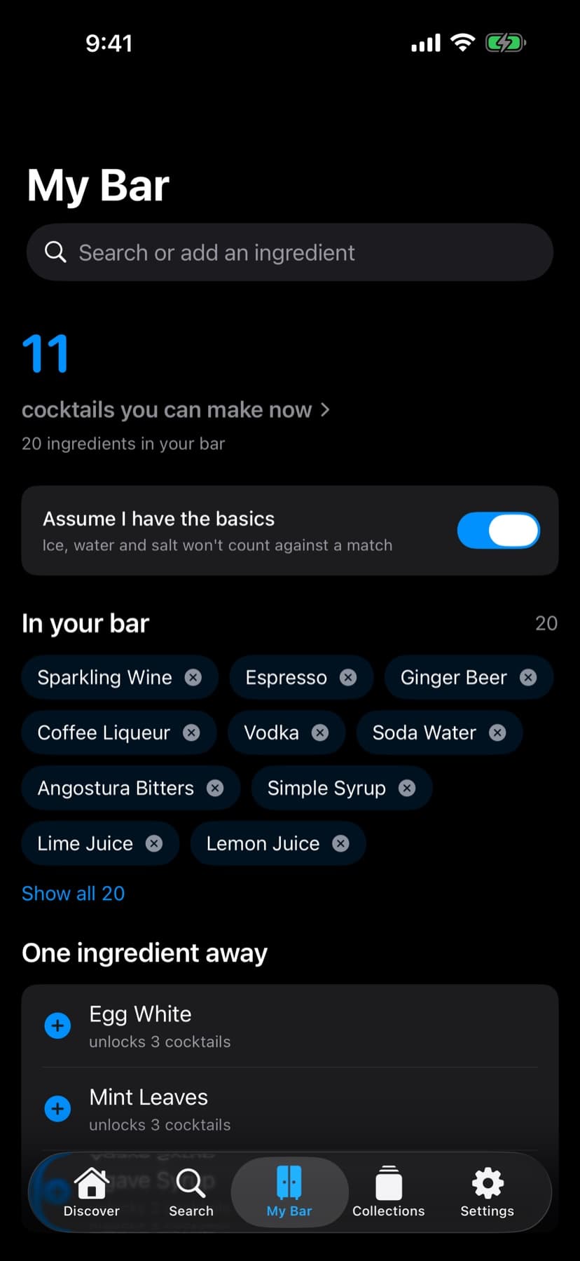 My Bar in dark mode