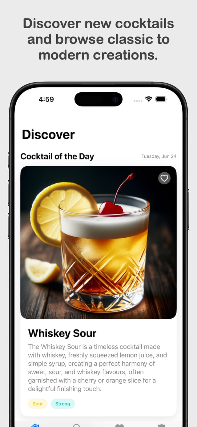 Cocktail Codex Discover Screen with Whiskey Sour