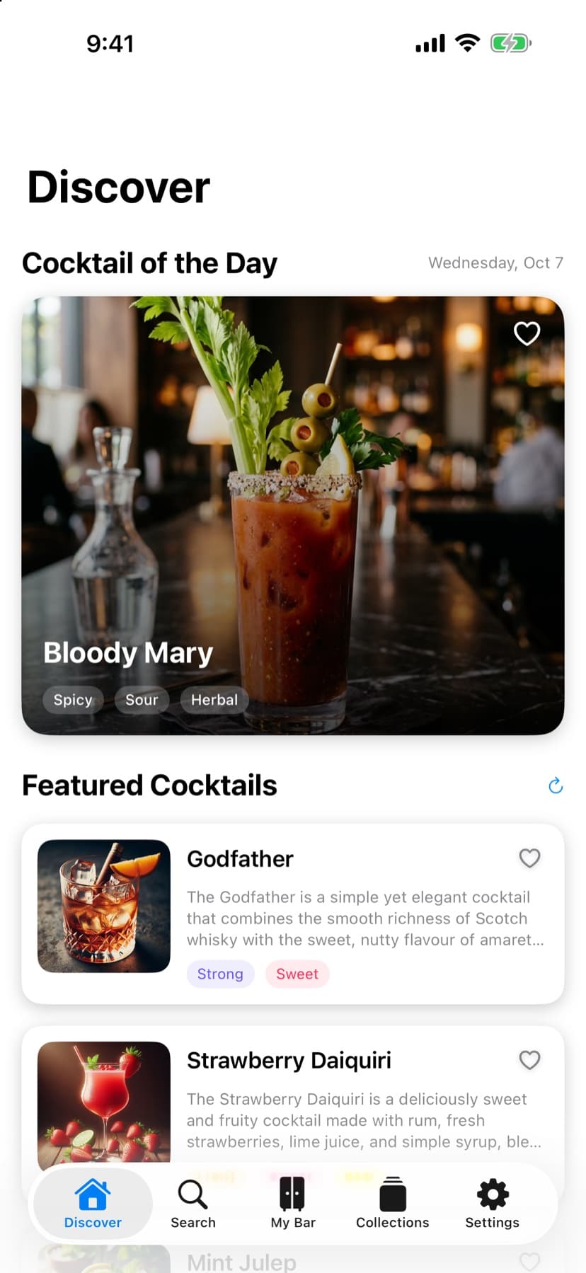 Cocktail Codex Discover screen with the Cocktail of the Day