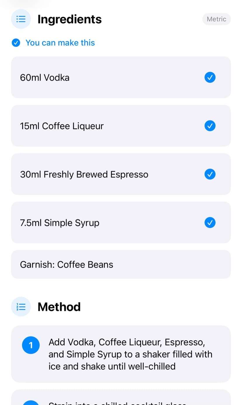 Espresso Martini recipe with ingredients checked against My Bar