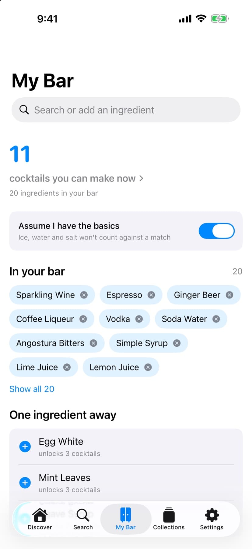 My Bar showing owned ingredients and cocktails you can make now