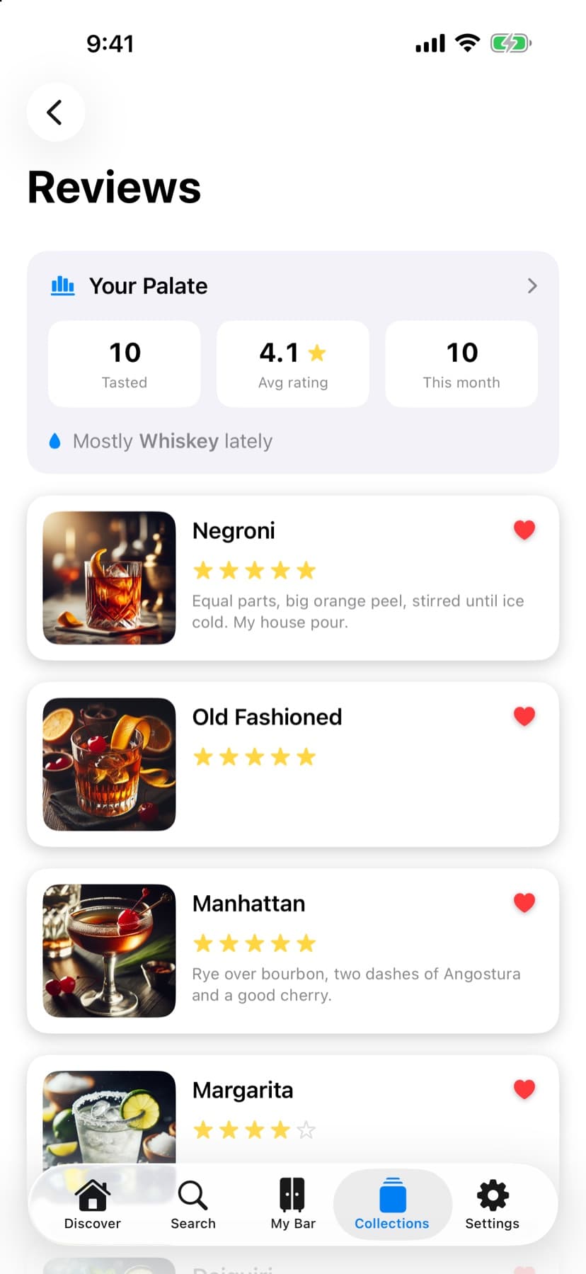 Reviews list with star ratings and tasting notes